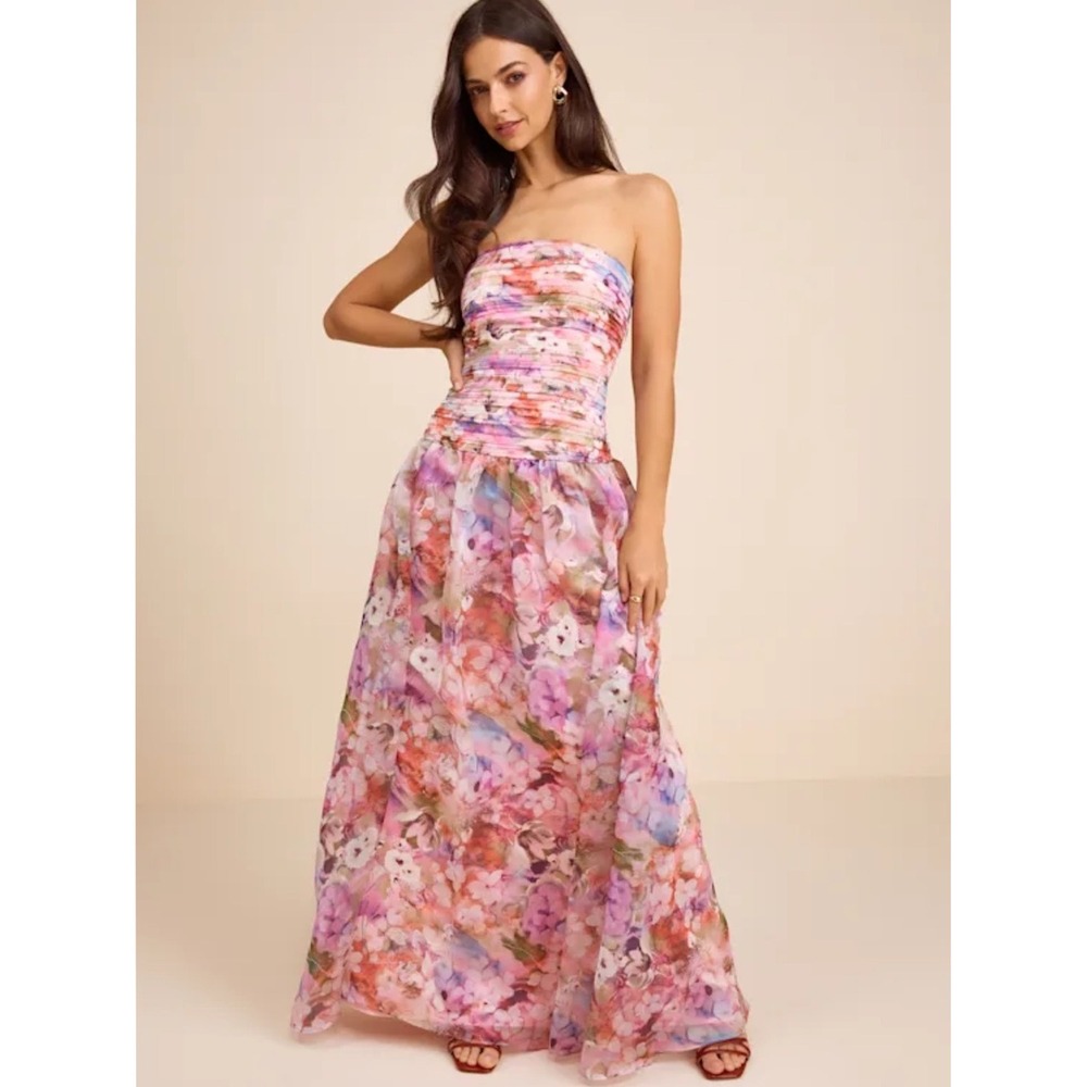NWT Lulus Kasandra Pink Multi Floral Organza Drop Waist Maxi Dress XL Strapless